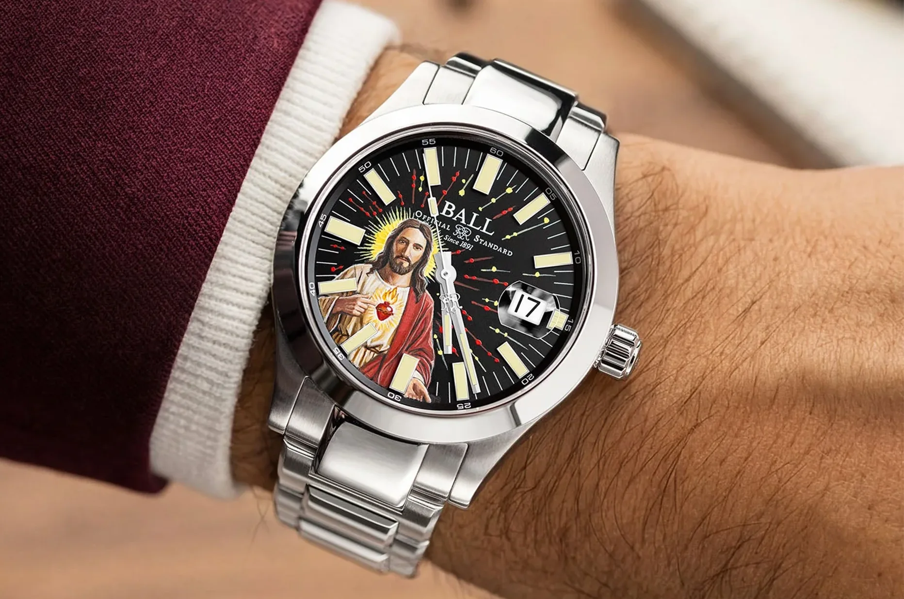 Męski zegarek religijny BALL Engineer M Ascension 40 mm z wizerunkiem Chrystusa na czarnej tarczy