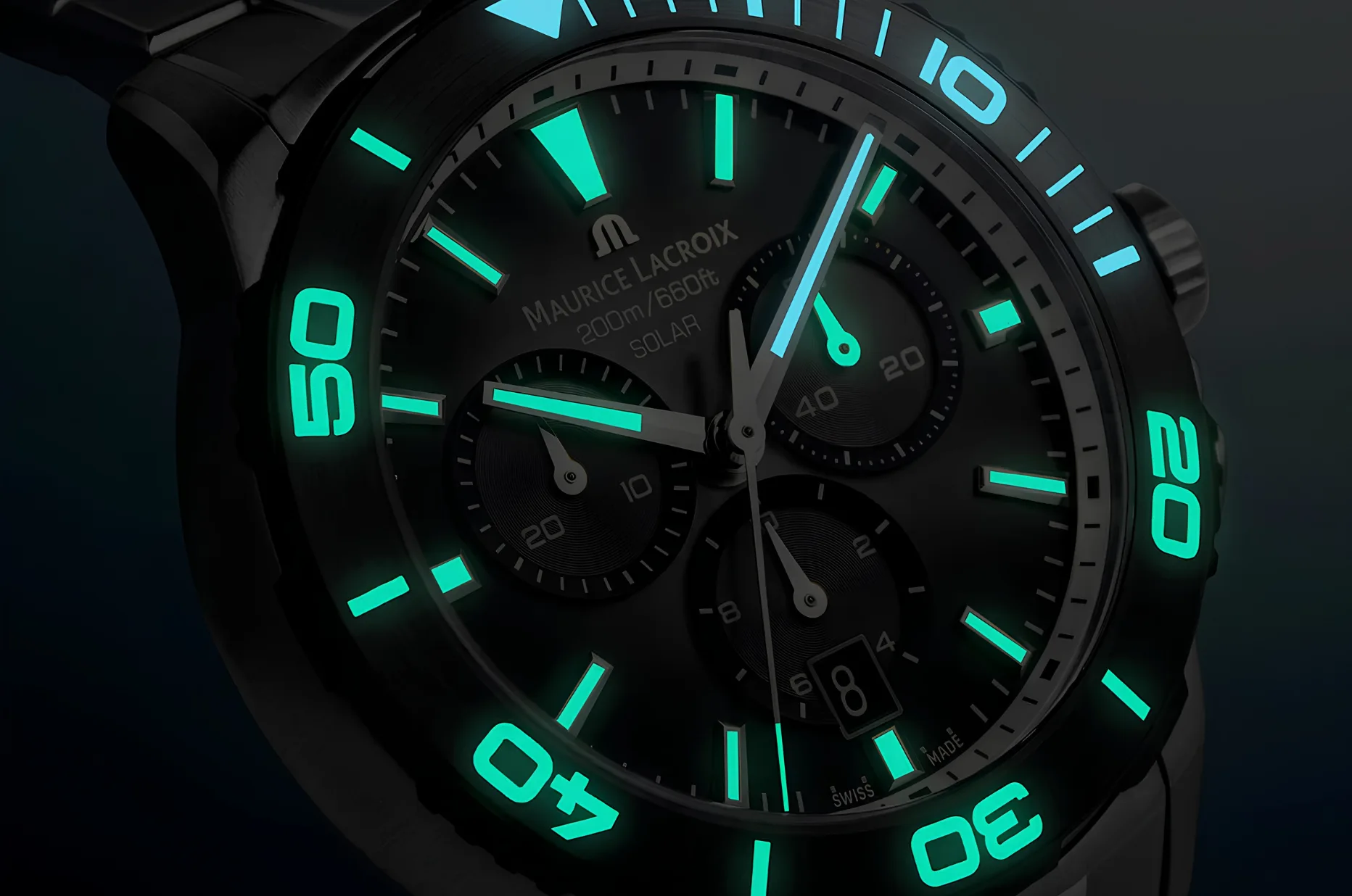 Dwukolorowe podswietlenie Super-LumiNova w Maurice Lacroix Pontos S