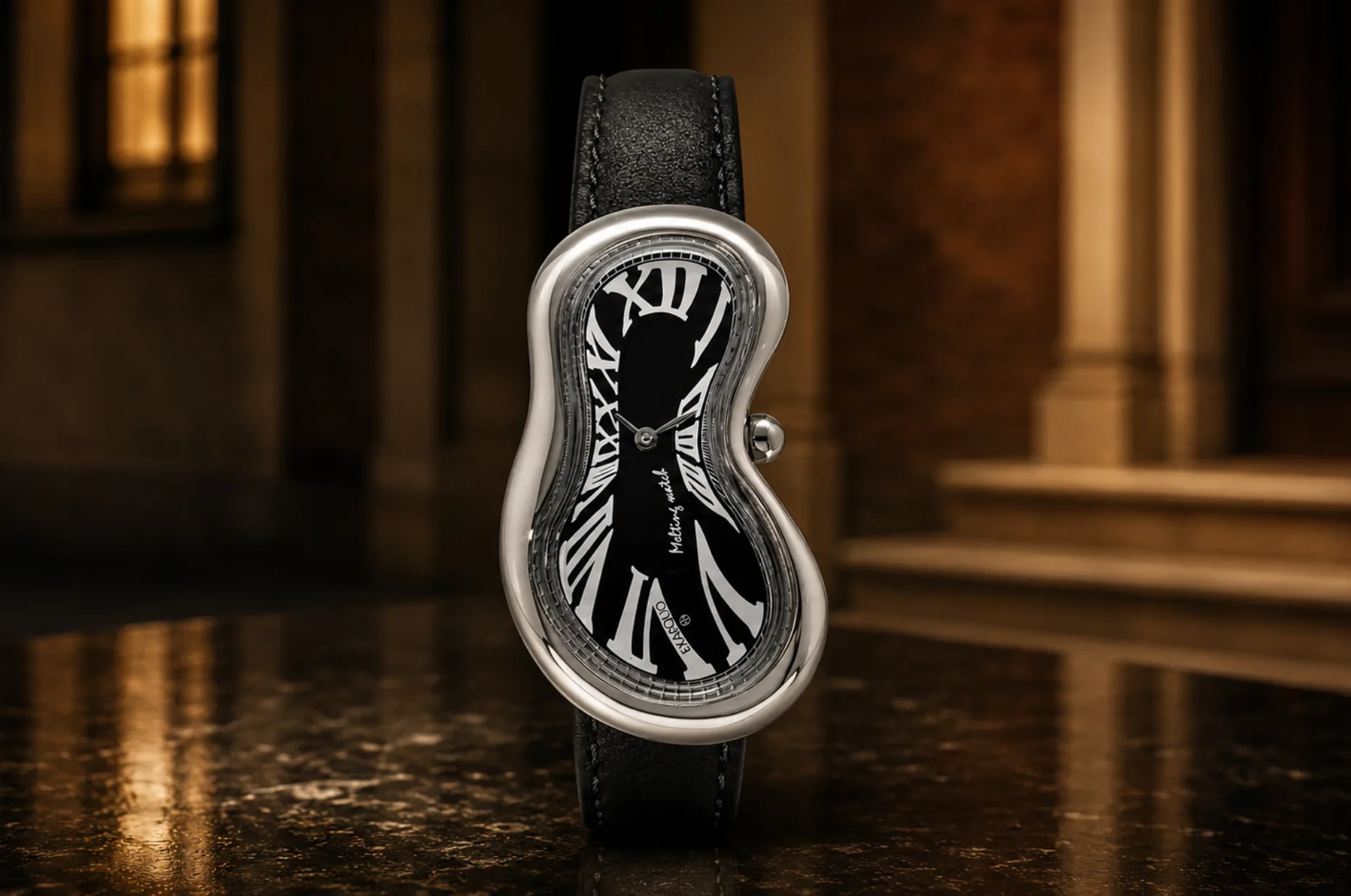 Exaequo Melting Watch Silver Black z topiącą się kopertą jako inspiracja na oryginalny prezent dla taty