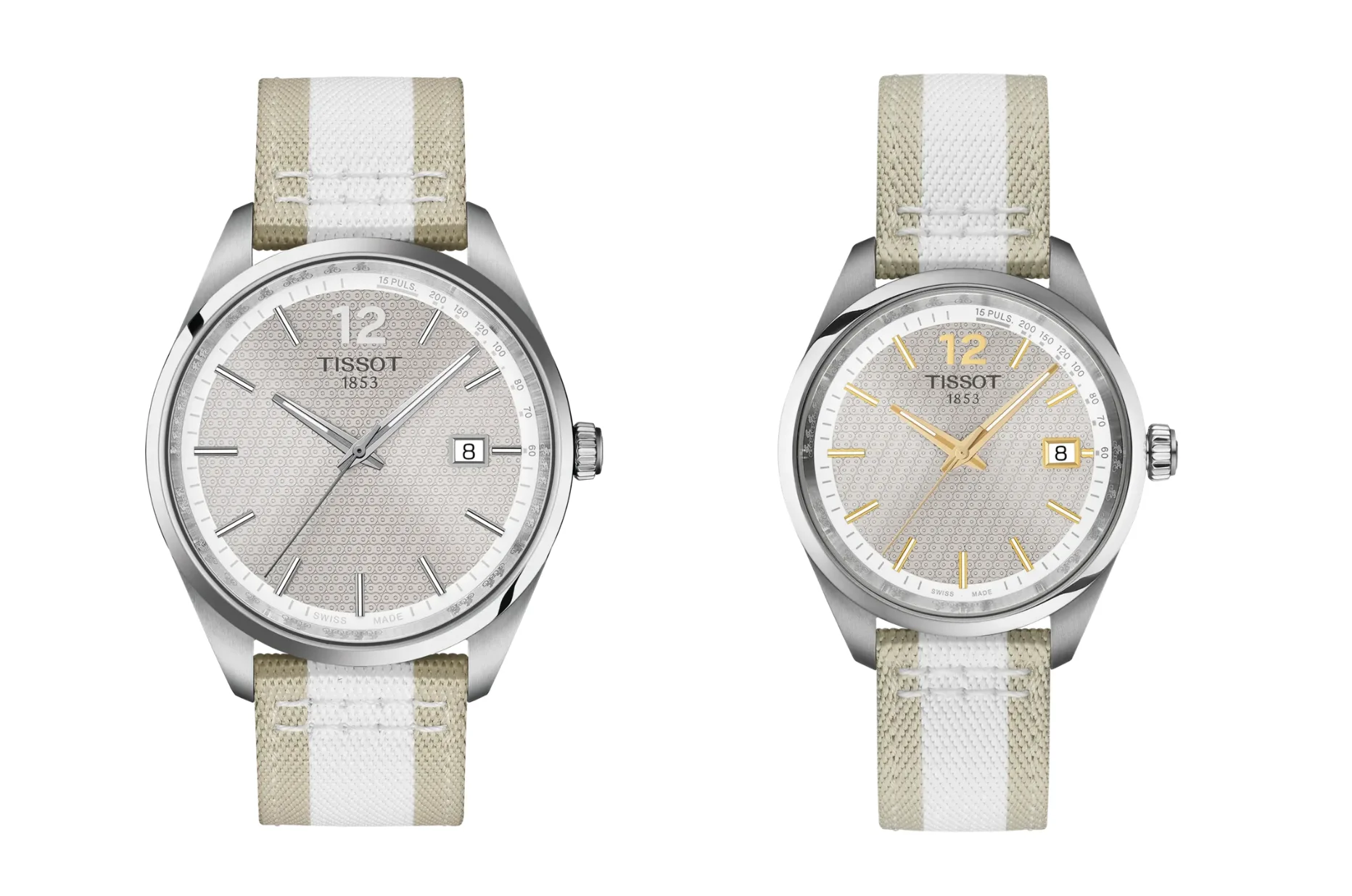 Zegarki Tissot PR 100 Cycling 34 mm i 40 mm z szarą tarczą oraz biało-beżowym paskiem tekstylnym