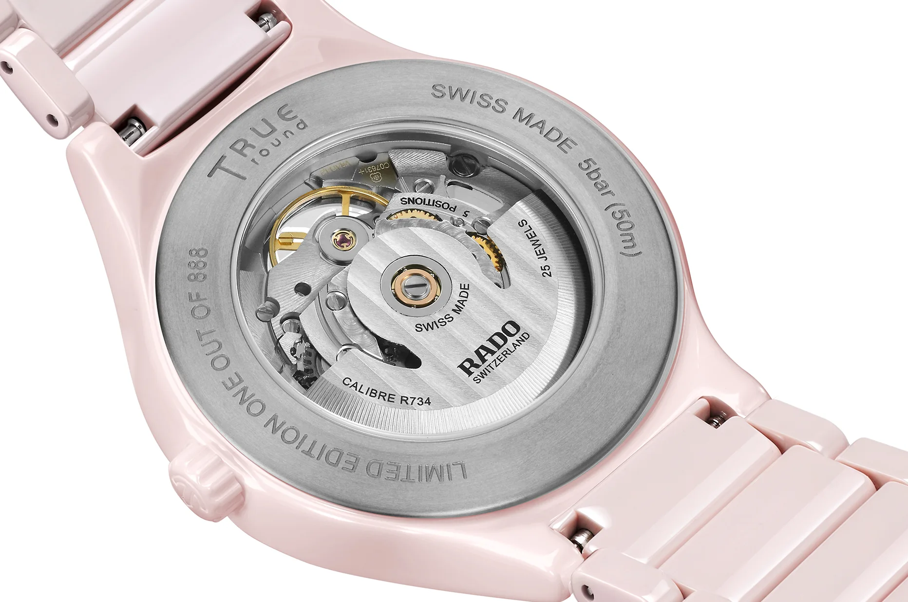 Transparentny dekiel Rado R27183012 z widocznym automatycznym mechanizmem R734