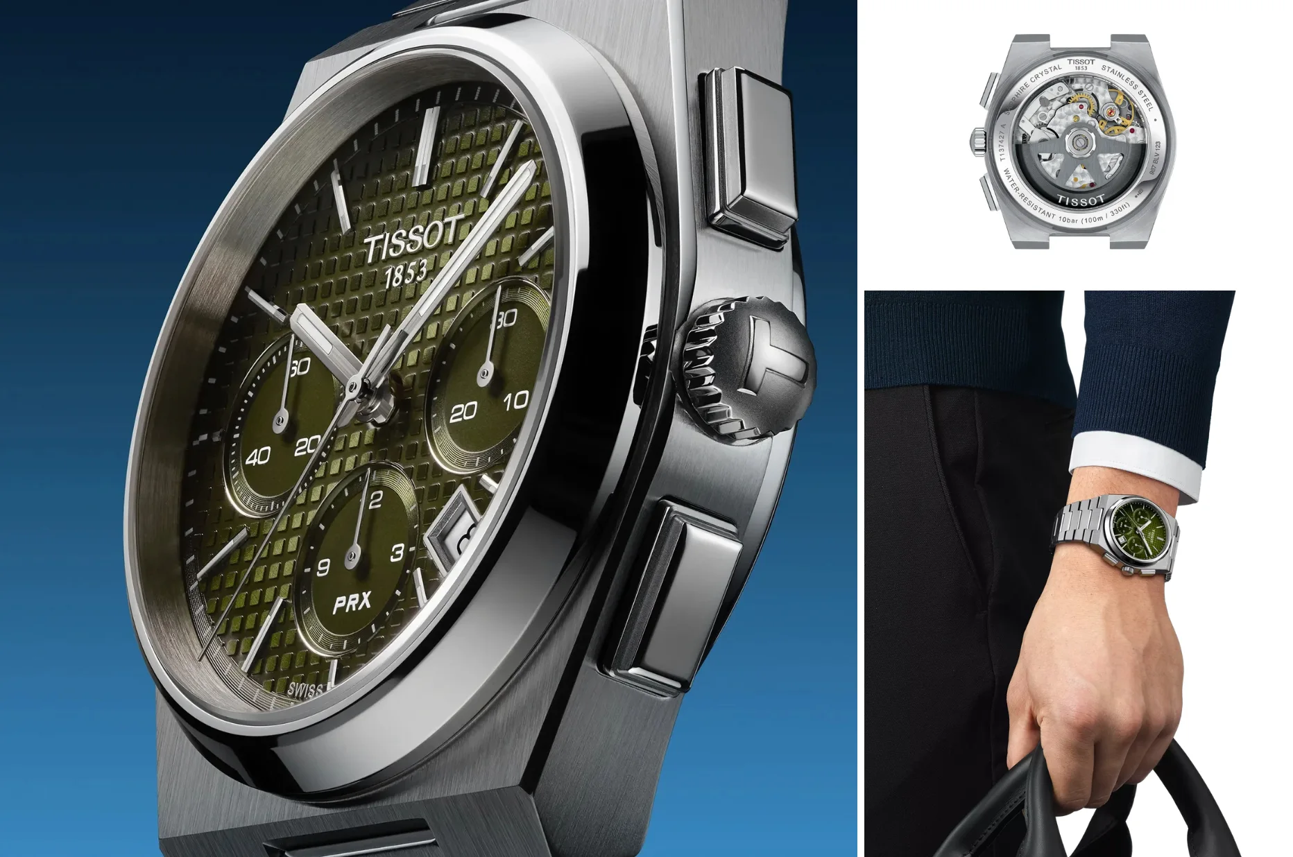 Tissot PRX Automatic Chronograph z zieloną tarczą i widocznym mechanizmem automatycznym
