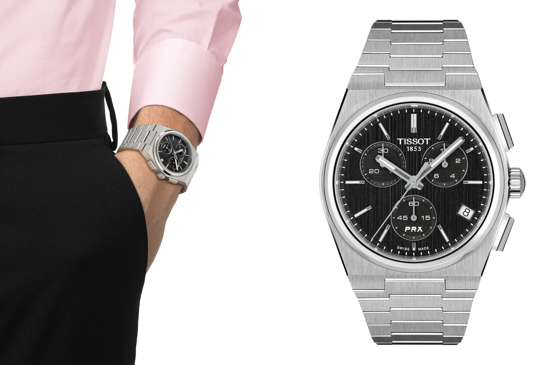 Czarny Tissot PRX Quartz Chronograph 41 mm na męskim nadgarstku