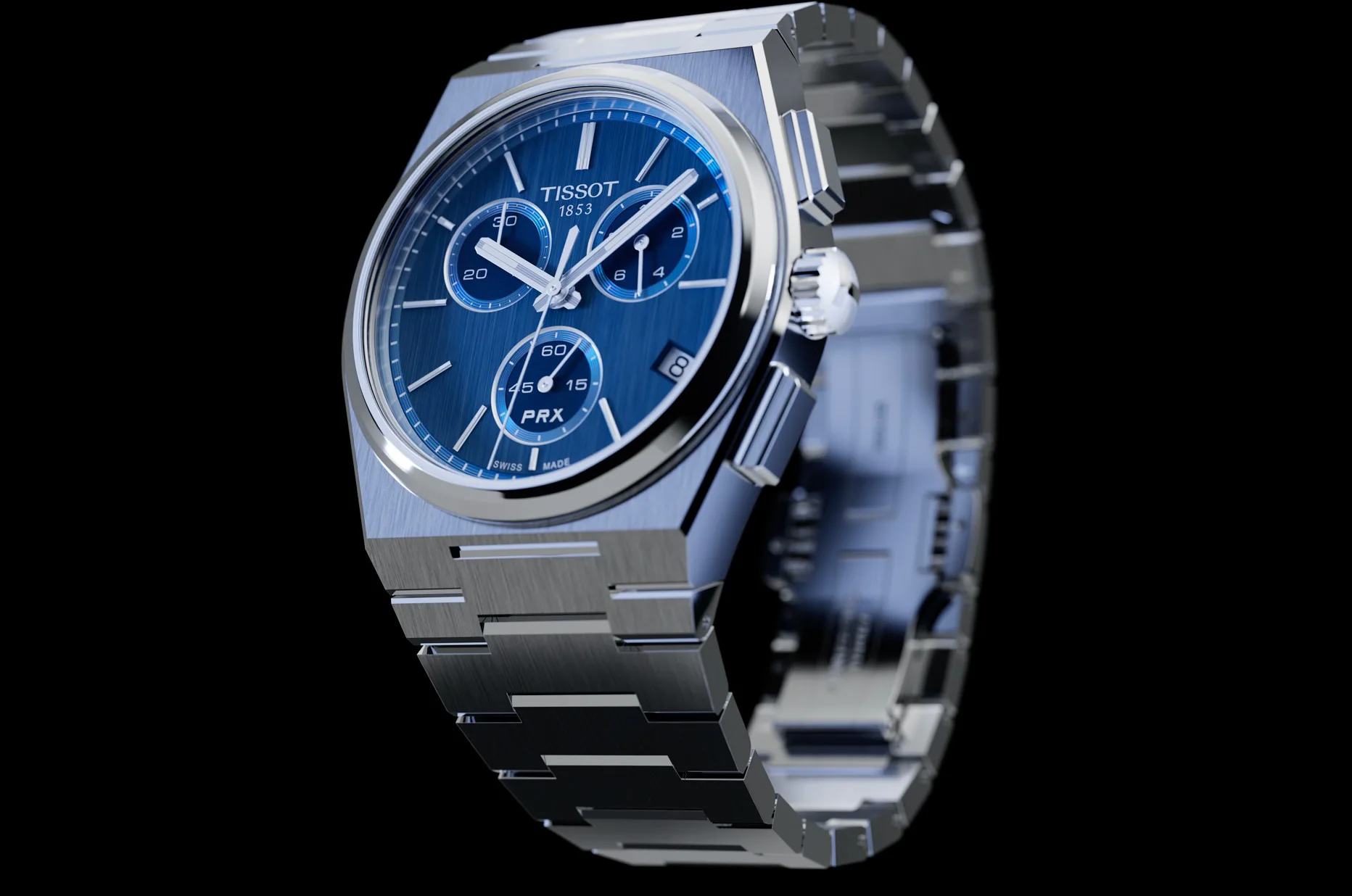 Tissot PRX Quartz Chronograph 41 mm z luminescencyjnymi wskazówkami Super-LumiNova® i pionowo szczotkowaną tarczą