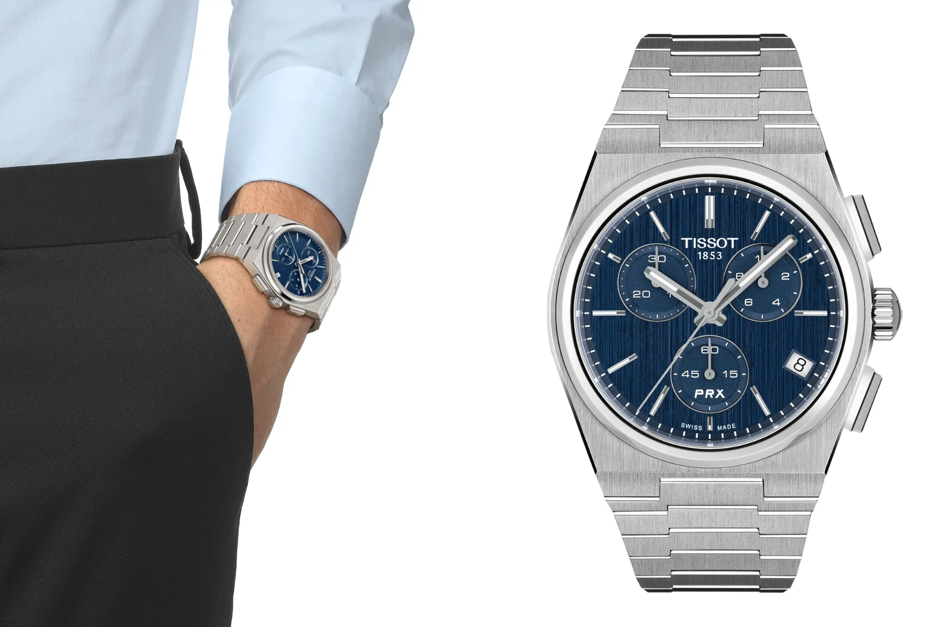 Niebieski zegarek męski Tissot PRX Quartz Chronograph na stalowej bransolecie