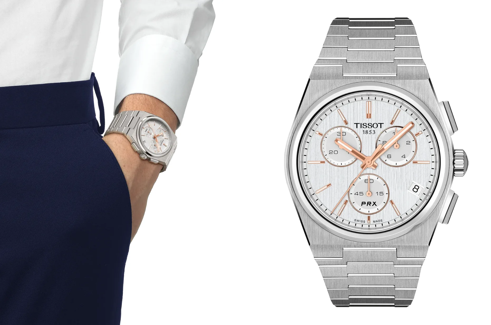 Tissot PRX Quartz Chronograph ze srebrną tarczą i akcentami różowego złota