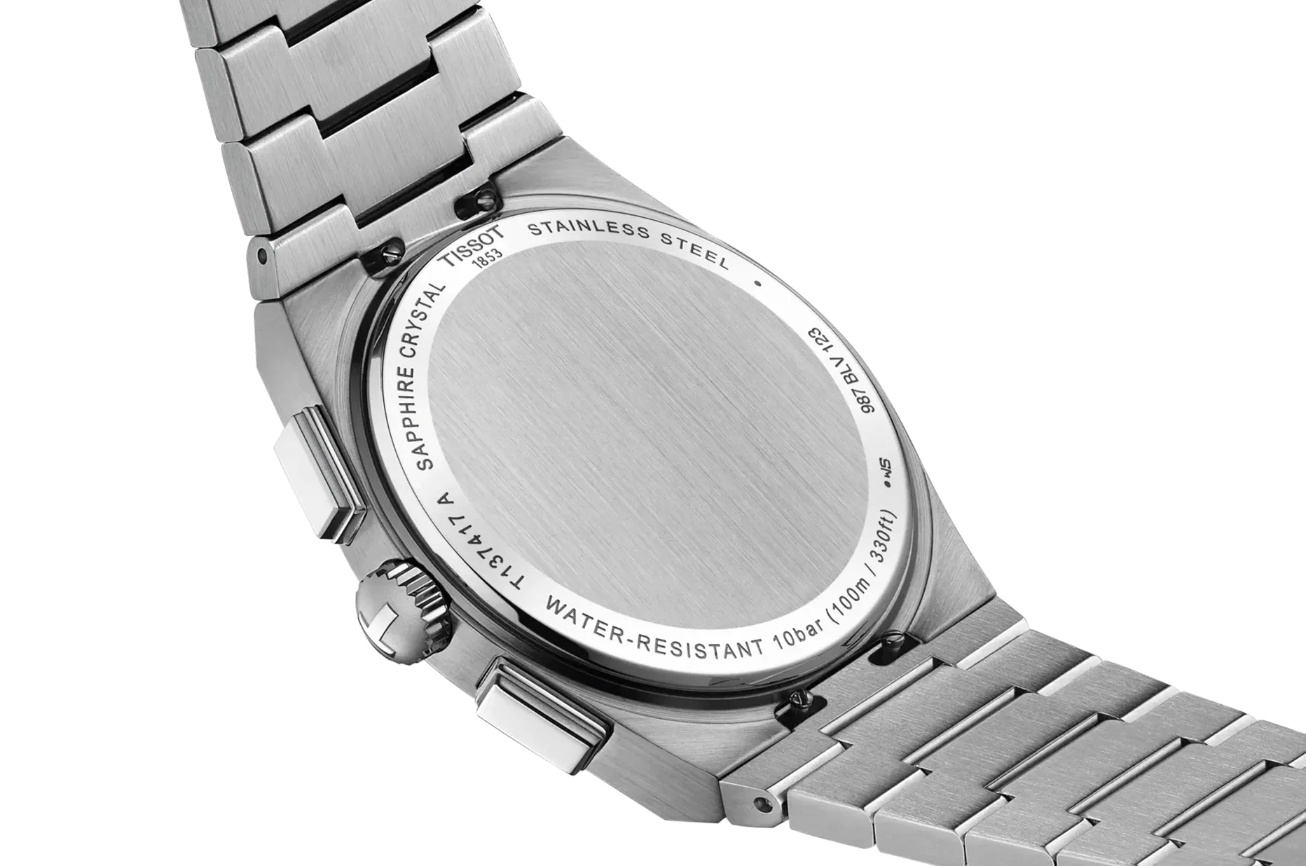 Tissot PRX Quartz Chronograph - stalowy dekiel zegarka i przyciski kwarcowego chronografu