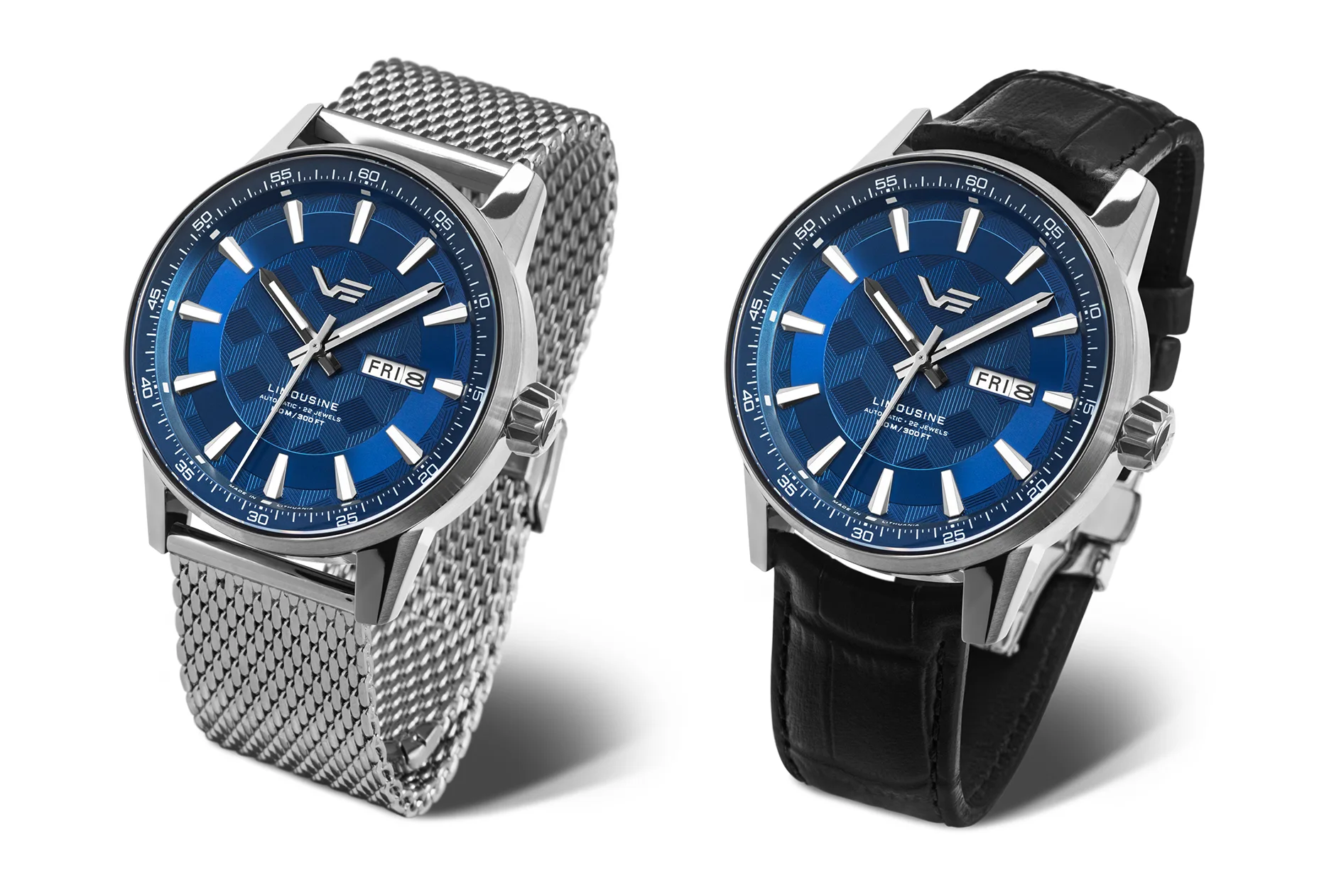 Vostok Europe Limousine 2.0 Automatic Day Date z niebieską tarczą na bransolecie mesh i skórzanym pasku
