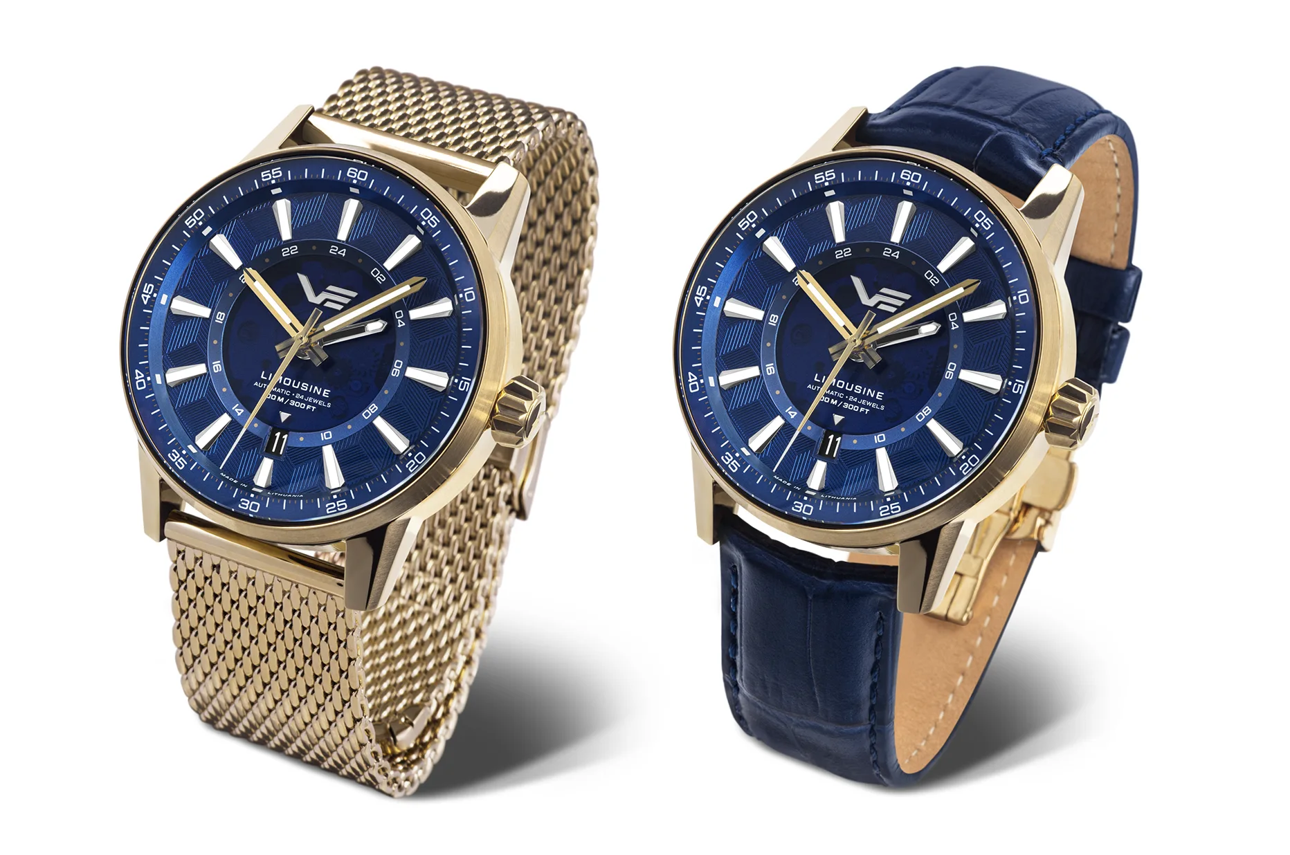 Vostok Europe Limousine 2.0 Automatic GMT z niebieską tarczą na złotej bransolecie mesh i skórzanym pasku