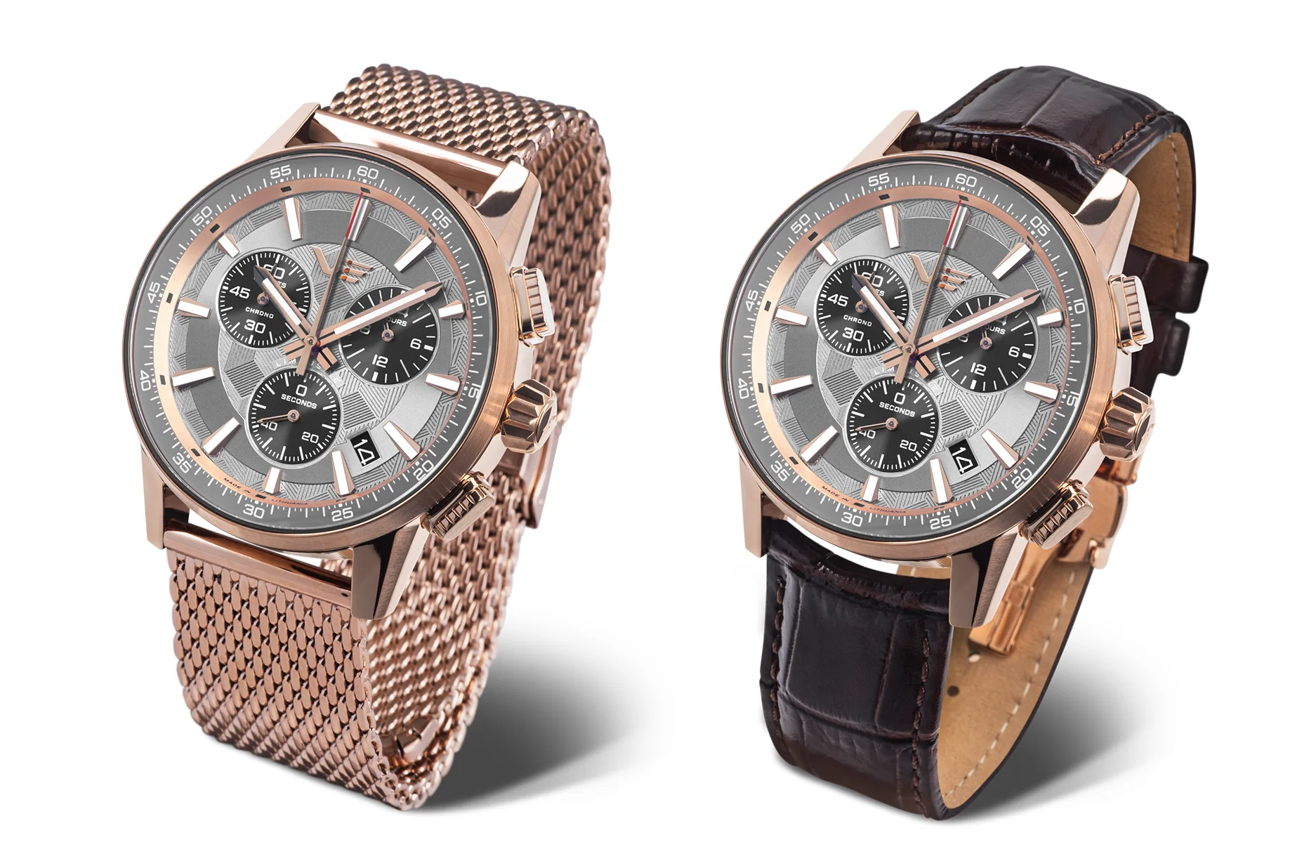 Vostok Europe Limousine 2.0 Chronograph z szarą tarczą i różowozłotą kopertą na bransolecie mesh i skórzanym pasku