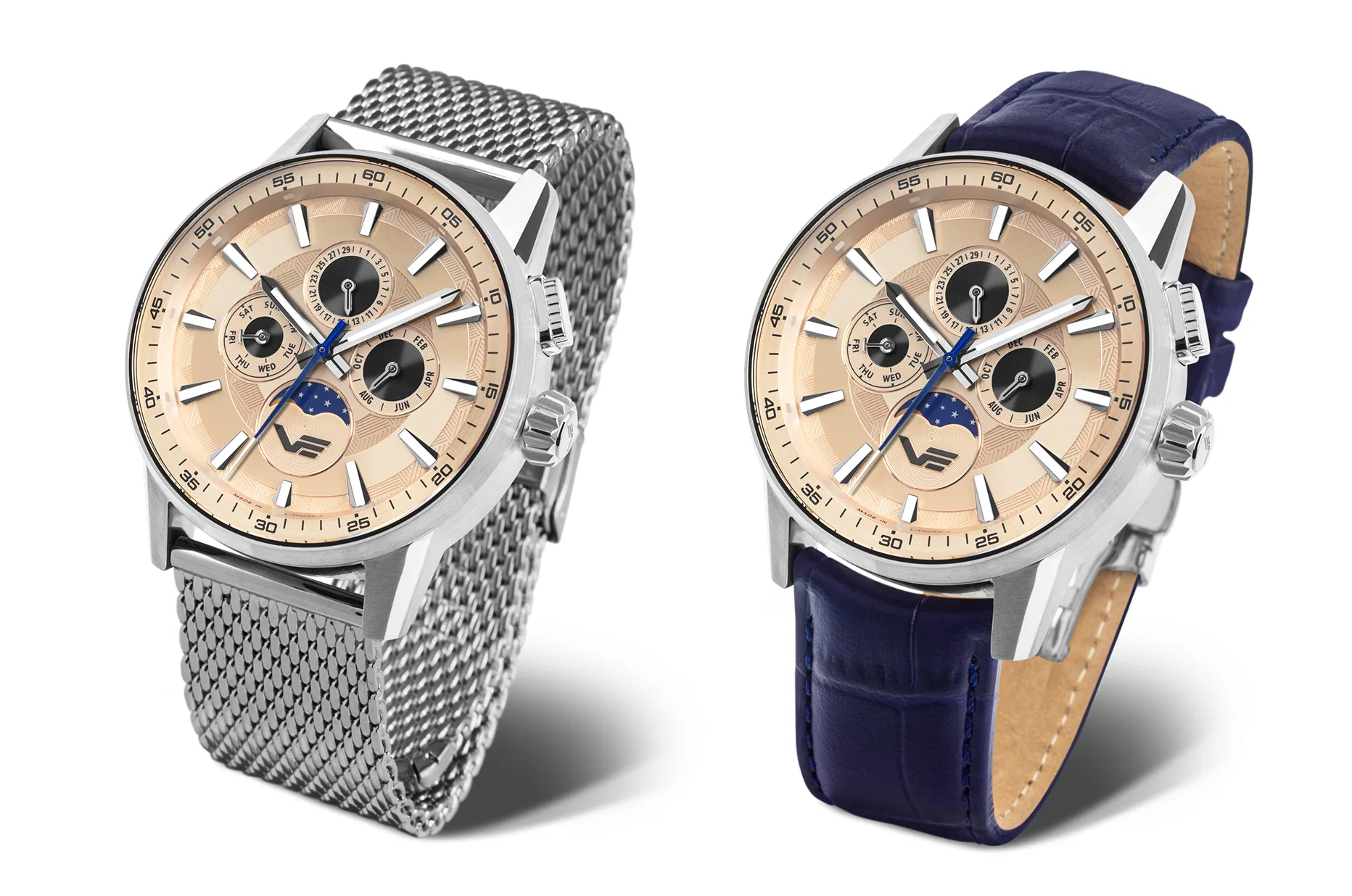 Vostok Europe Limousine 2.0 Moonphase z łososiową tarczą na bransolecie mesh i niebieskim pasku skórzanym