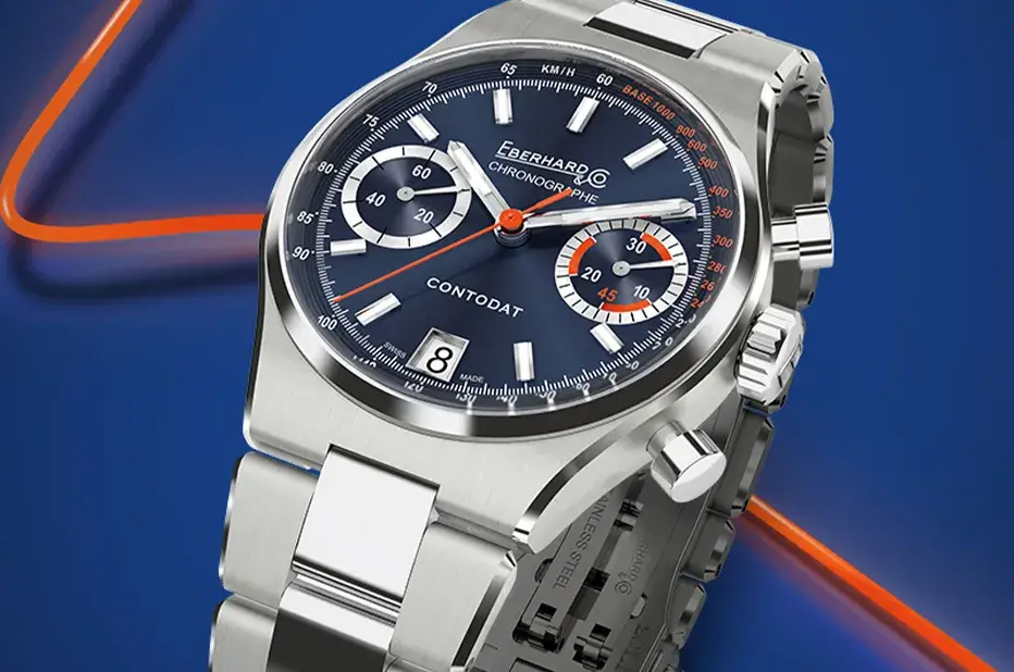 Zegarek Eberhard Contodat Chronographe w stylu vintage z niebieską tarczą