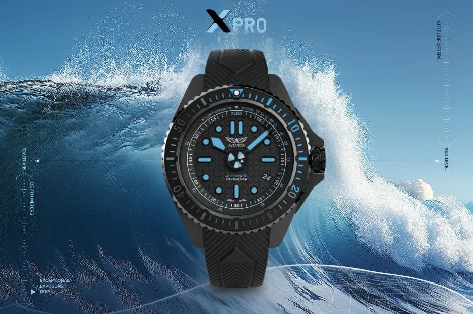 Zegarek Aviator XPRO Dive Breather 300 Auto stworzony do pracy na wysokości i w głębinach, z paskiem silikonowym i ceramiczną lunetą