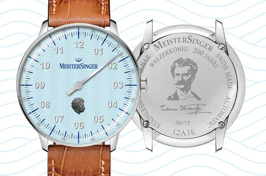 Zegarek MeisterSinger Johann Strauss Neo – błękitna tarcza i grawerowany dekiel z portretem Straussa