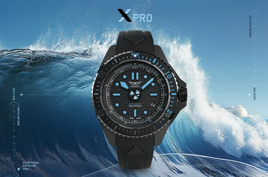 Zegarek Aviator XPRO Dive Breather 300 Auto stworzony do pracy na wysokości i w głębinach, z paskiem silikonowym i ceramiczną lunetą