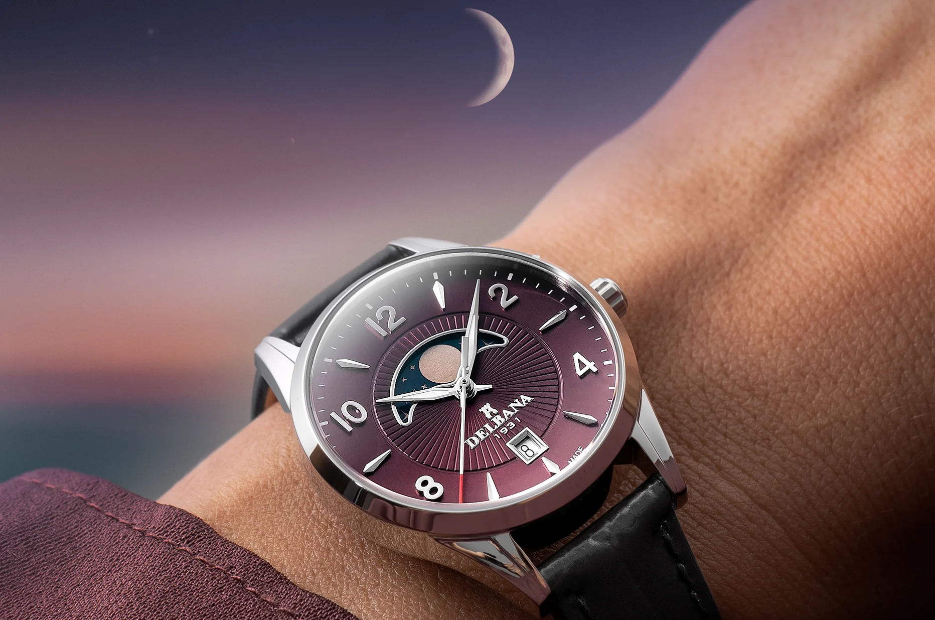 Szwajcarski zegarek damski moonphase Delbana Lunetta z bordową tarczą