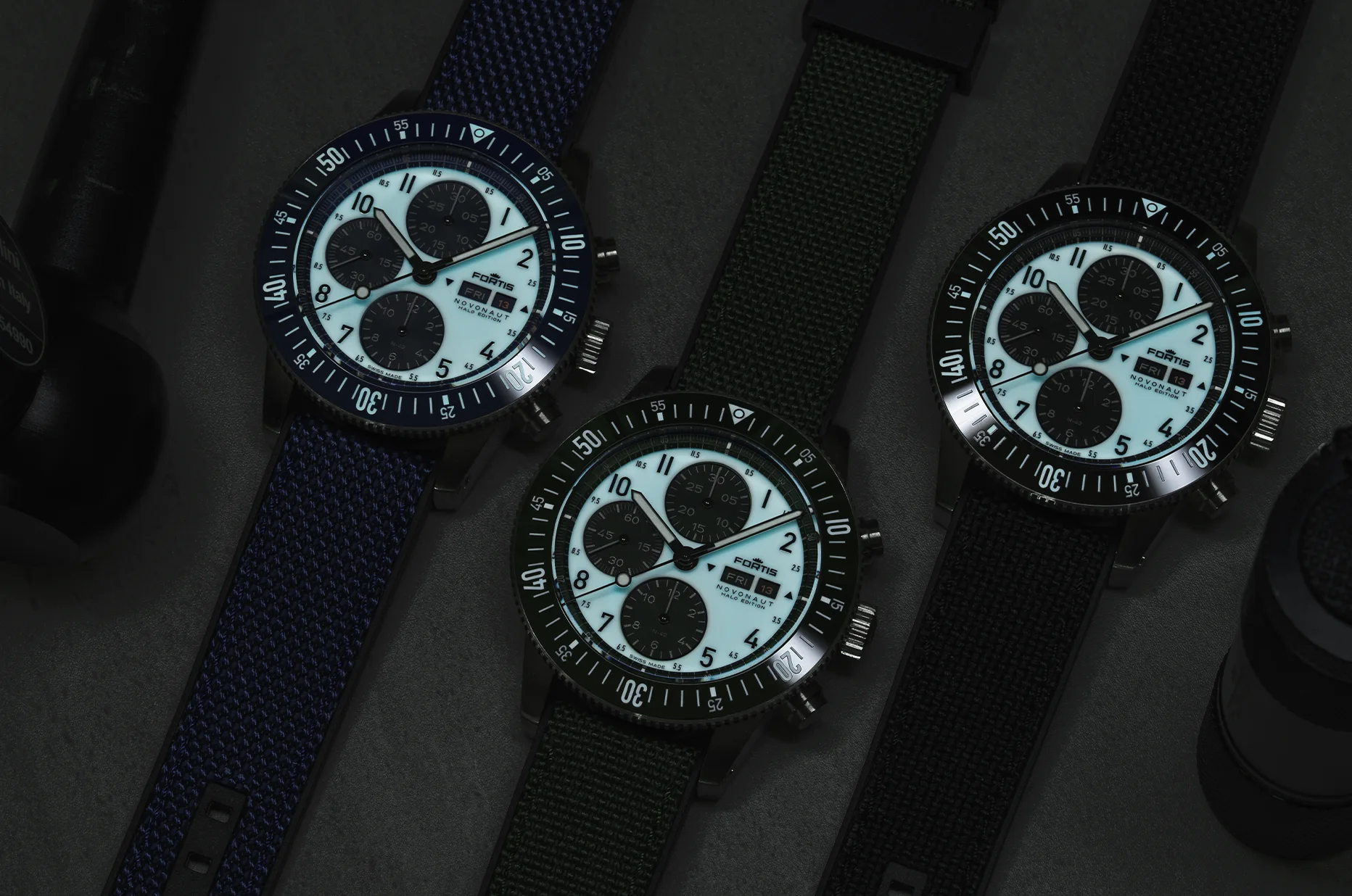 Fortis Novonaut N-42 Halo Edition - trzy chronografy Black, Blue i Green z luminescencyjnymi tarczami
