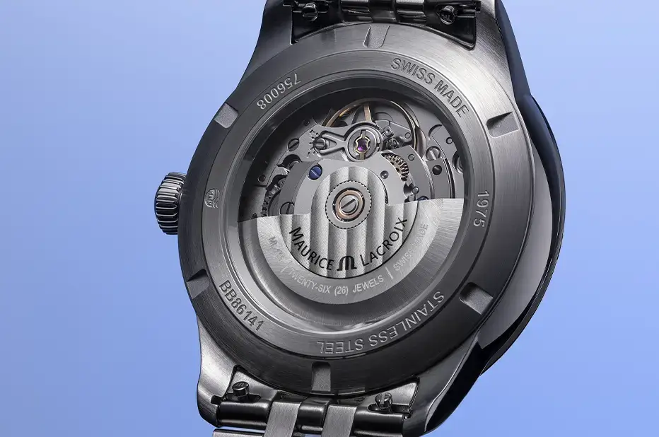 Zegarek automatyczny Maurice Lacroix 1975 z widocznym mechanizmem Swiss Made