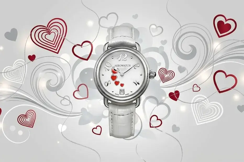 Aerowatch Swirling Love damski zegarek z motywem serca na białym pasku