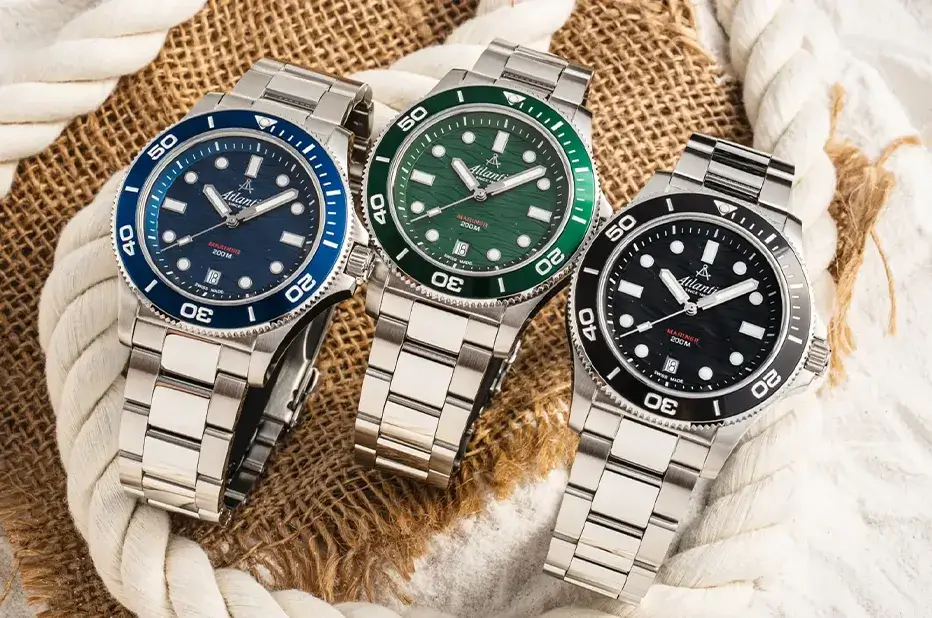Zegarki Atlantic Mariner Wave Quartz – granatowy, zielony i czarny diver na bransolecie stalowej