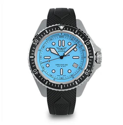 Zegarek Aviator XPRO Dive 200 M z niebieską tarczą i czarnym silikonowym paskiem, szwajcarski zegarek do nurkowania wysokogórskiego