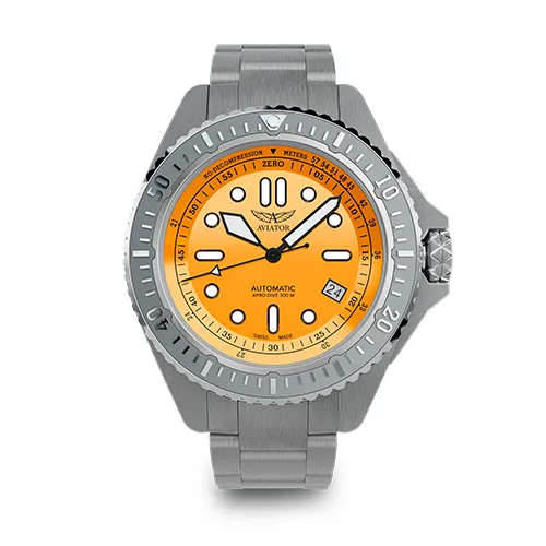 Zegarek Aviator XPRO Dive 300 M Auto z pomarańczową tarczą i stalową bransoletą, automatyczny zegarek nurkowy Swiss Made o wodoszczelności 300 metrów