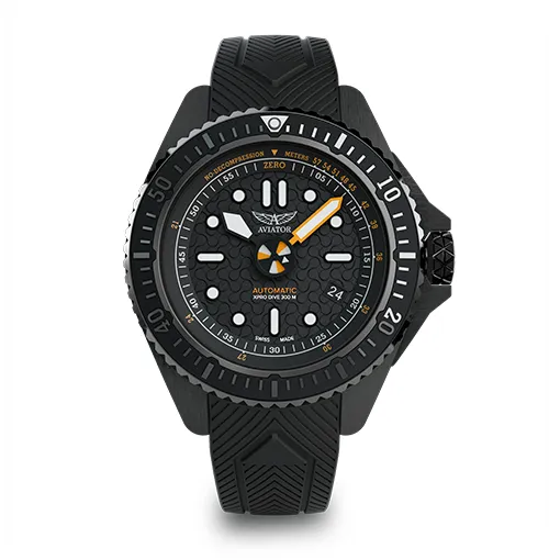 Zegarek Aviator XPRO Dive 300 M Breather Auto z czarną tarczą i pomarańczowymi akcentami, profesjonalny szwajcarski diver dla pilotów i nurków