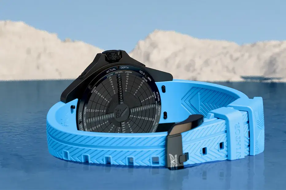 Tył koperty zegarka Aviator XPRO Dive z grawerowaną tabelą NDL i oznaczeniem głębokości nurkowania