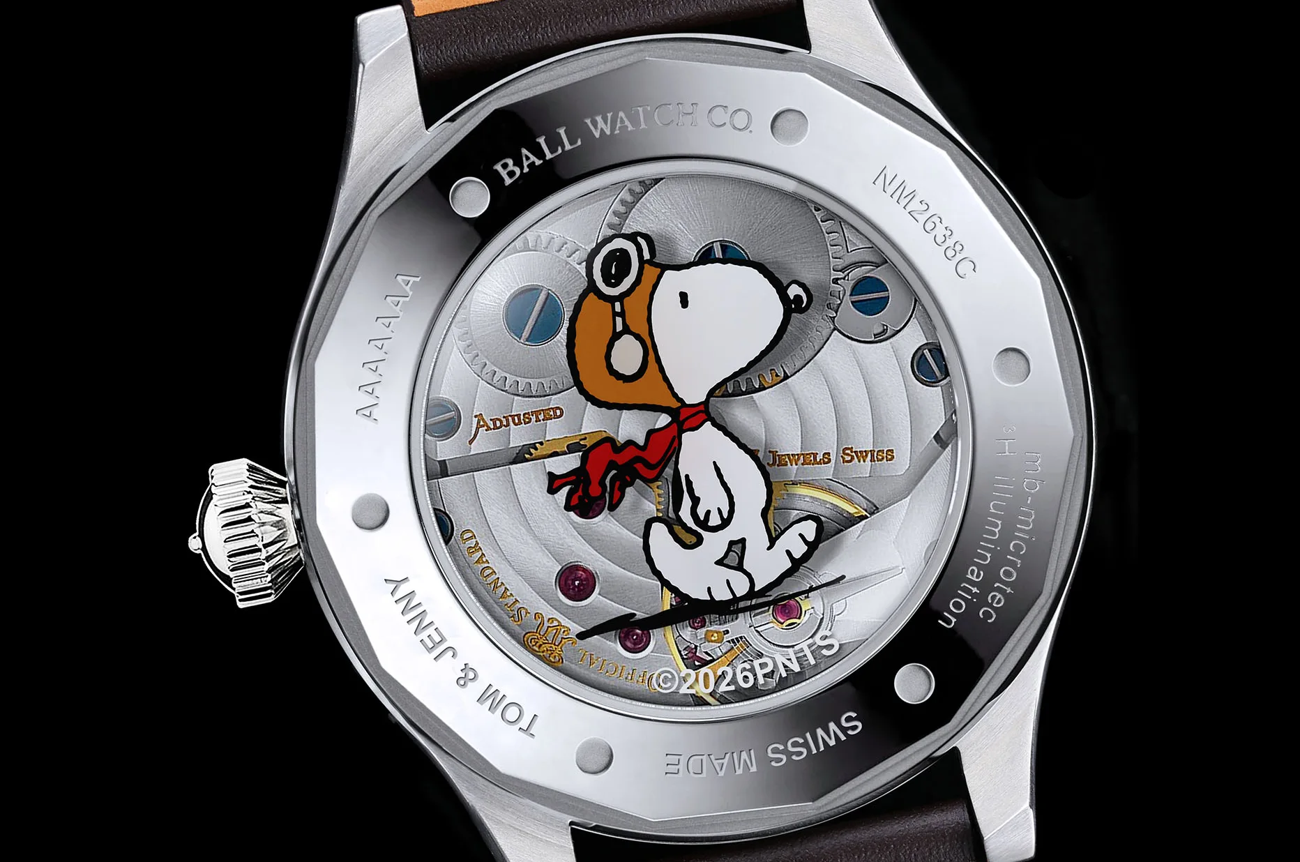 Przeszklony dekiel zegarka BALL Snoopy Flying Ace z ręcznie nakręcanym mechanizmem RR2102 i grafiką Snoopy’ego