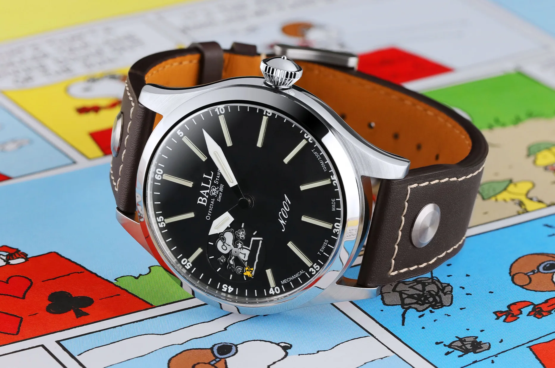 Limitowany zegarek BALL Snoopy Flying Ace NM2638C-L2J-BK na brązowym pasku skórzanym