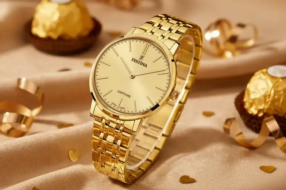 Festina Swiss Made złoty zegarek męski na bransolecie jako prezent na Walentynki do 1000 zł