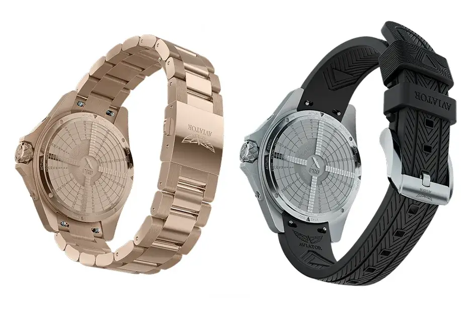 Dwa warianty zegarka Aviator XPRO Dive – model z pozłacaną bransoletą PVD i wersja ze stalową kopertą na czarnym pasku silikonowym z nanopowłoką UV