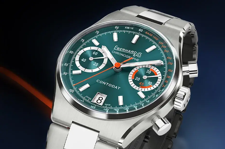 Zegarek Eberhard Contodat Chronographe z zieloną tarczą i zintegrowaną bransoletą
