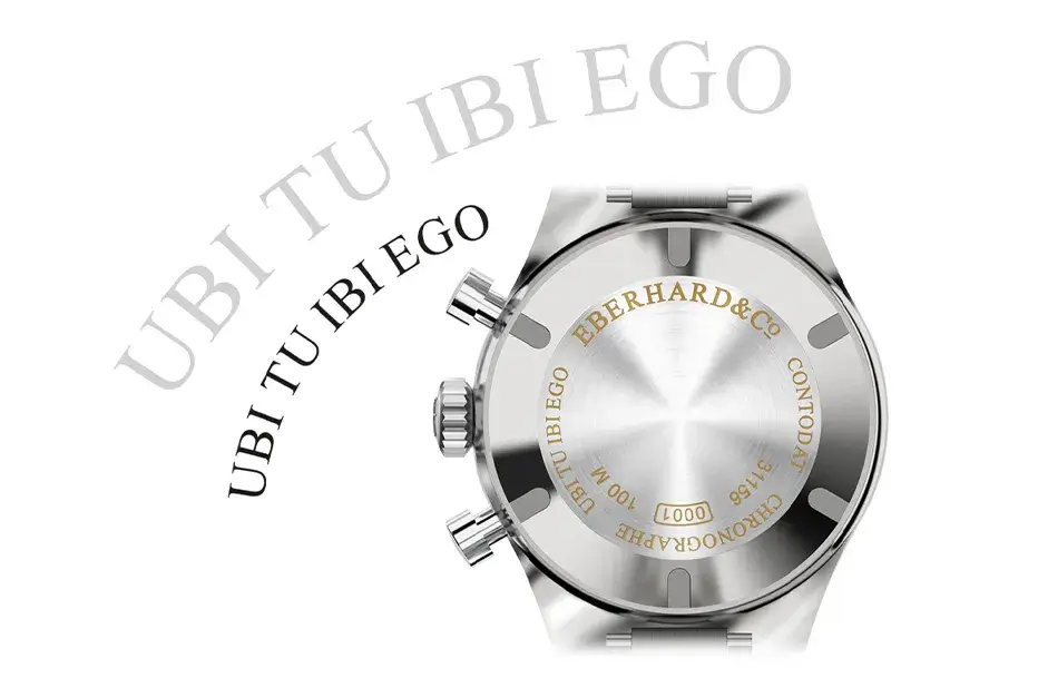 Dekiel zegarka Eberhard Contodat z grawerowaną złotą inskrypcją UBI TU IBI EGO