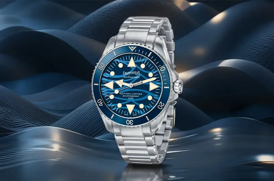 Eberhard Scafograf 200 Onde Bleue Limited Edition – zegarek nurkowy na stalowej bransolecie Chassis®