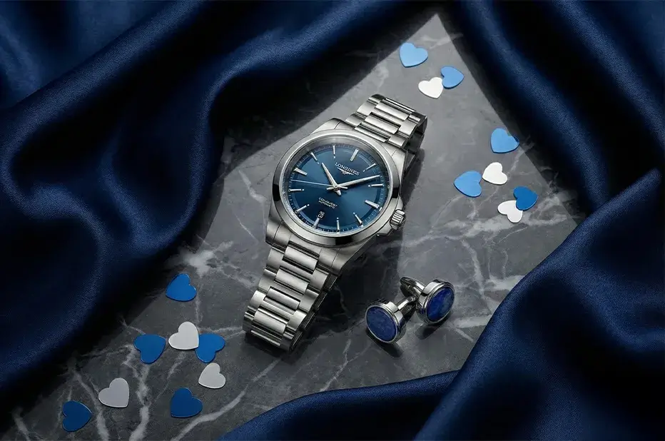 Longines Conquest szwajcarski zegarek męski z niebieską tarczą na stalowej bransolecie jako prezent