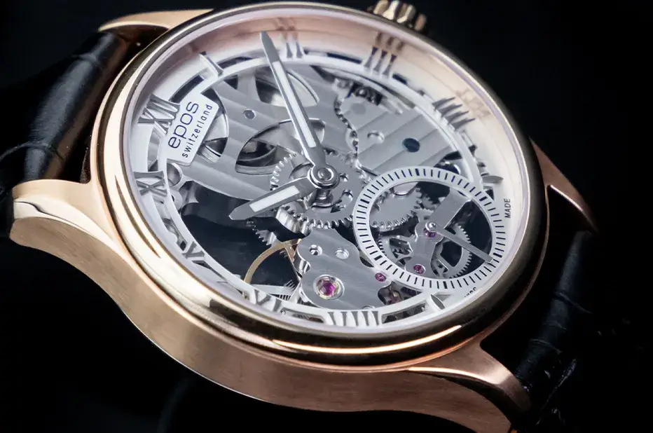Zegarek męski Epos Skeleton 3500 w różowym złocie z widoczną tarczą skeleton