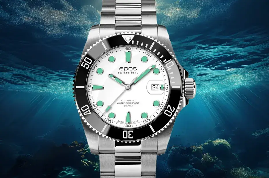 Epos Sportive Diver 3504 – szwajcarski zegarek nurkowy 500 m z czarnym ceramicznym bezelem i białą tarczą