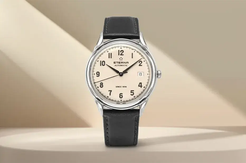Zegarek Eterna 1948 Gent Automatic z kremową tarczą i czarnym paskiem – klasyczny styl retro