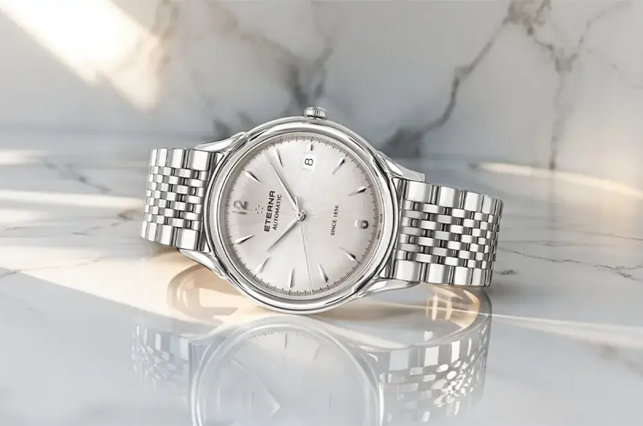 Szwajcarski zegarek Eterna 1948 Gent Automatic na stalowej bransolecie z srebrną tarczą