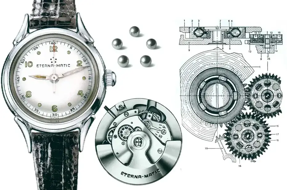 Zaawansowany mechanizm ETA i system Eterna‑Matic z wirnikiem osadzonym na łożyskach kulkowych, zaprezentowane po raz pierwszy w 1948 roku.
