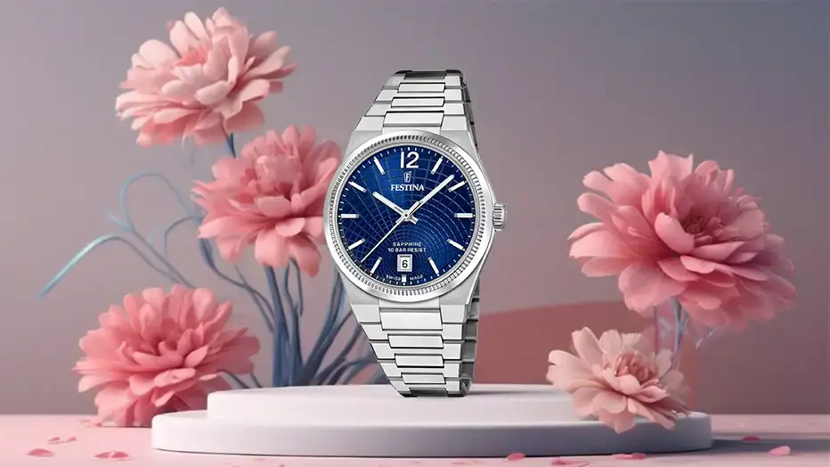 Zegarek Festina Swiss Made Rive z niebieską tarczą i stalową bransoletą – szykowny wybór na walentynki