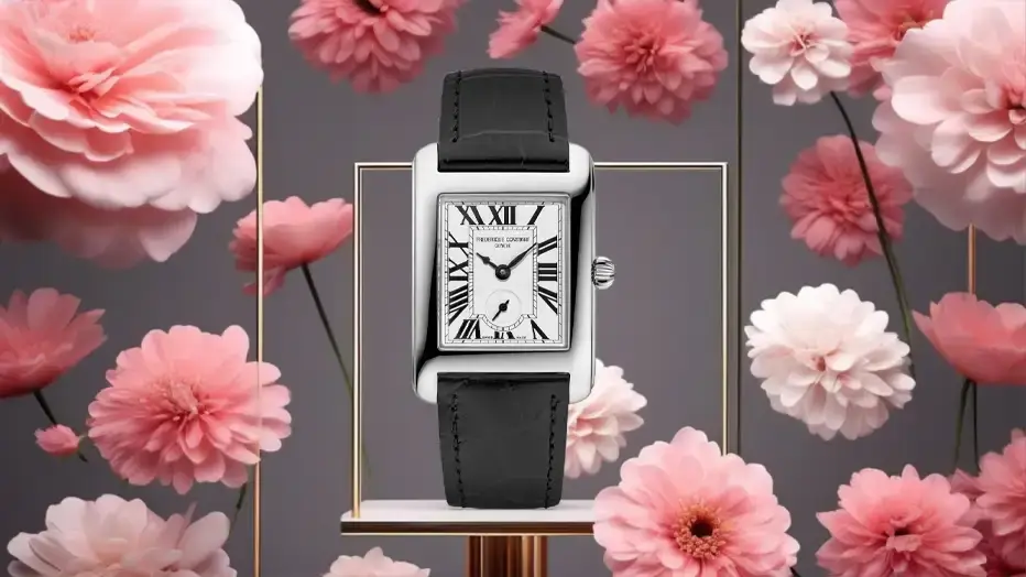 Damski zegarek Frederique Constant Classics Carree na czarnym pasku, inspirowany stylem retro