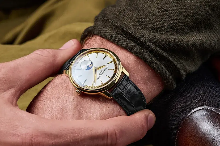 Pozłacany zegarek męski z fazami księżyca Frederique Constant Classics Moneta Moonphase