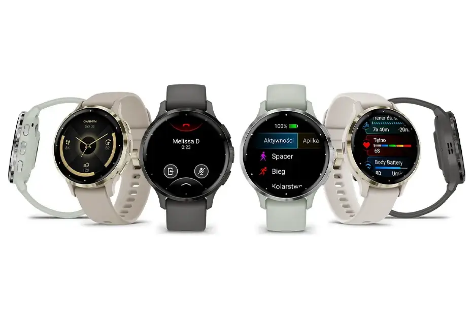 Smartwatch Garmin Venu 3S – widok różnych ekranów funkcji zdrowotnych, sportowych i powiadomień