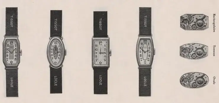 Archiwalne modele geometrycznych zegarków Tissot z lat 20. XX wieku z własnymi mechanizmami – prostokątne i owalne koperty inspirowane stylem Art Déco