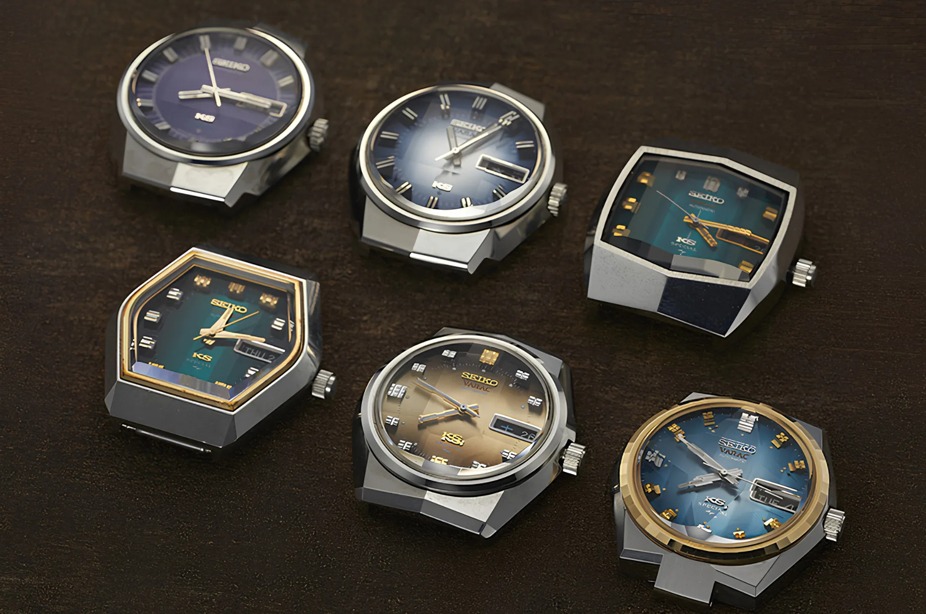 Historyczne zegarki King Seiko VANAC z lat 70. z geometrycznymi kopertami i kolorowymi tarczami