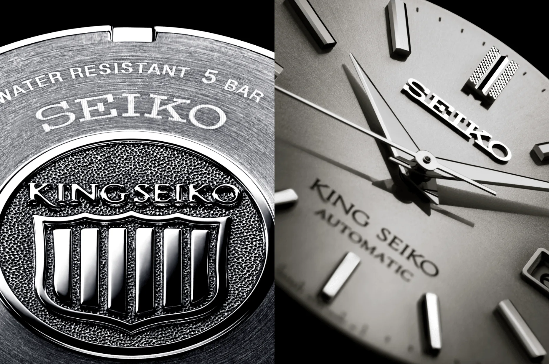 Emblemat King Seiko na deklu oraz szeroki, fakturowany indeks godziny 12 na tarczy zegarka