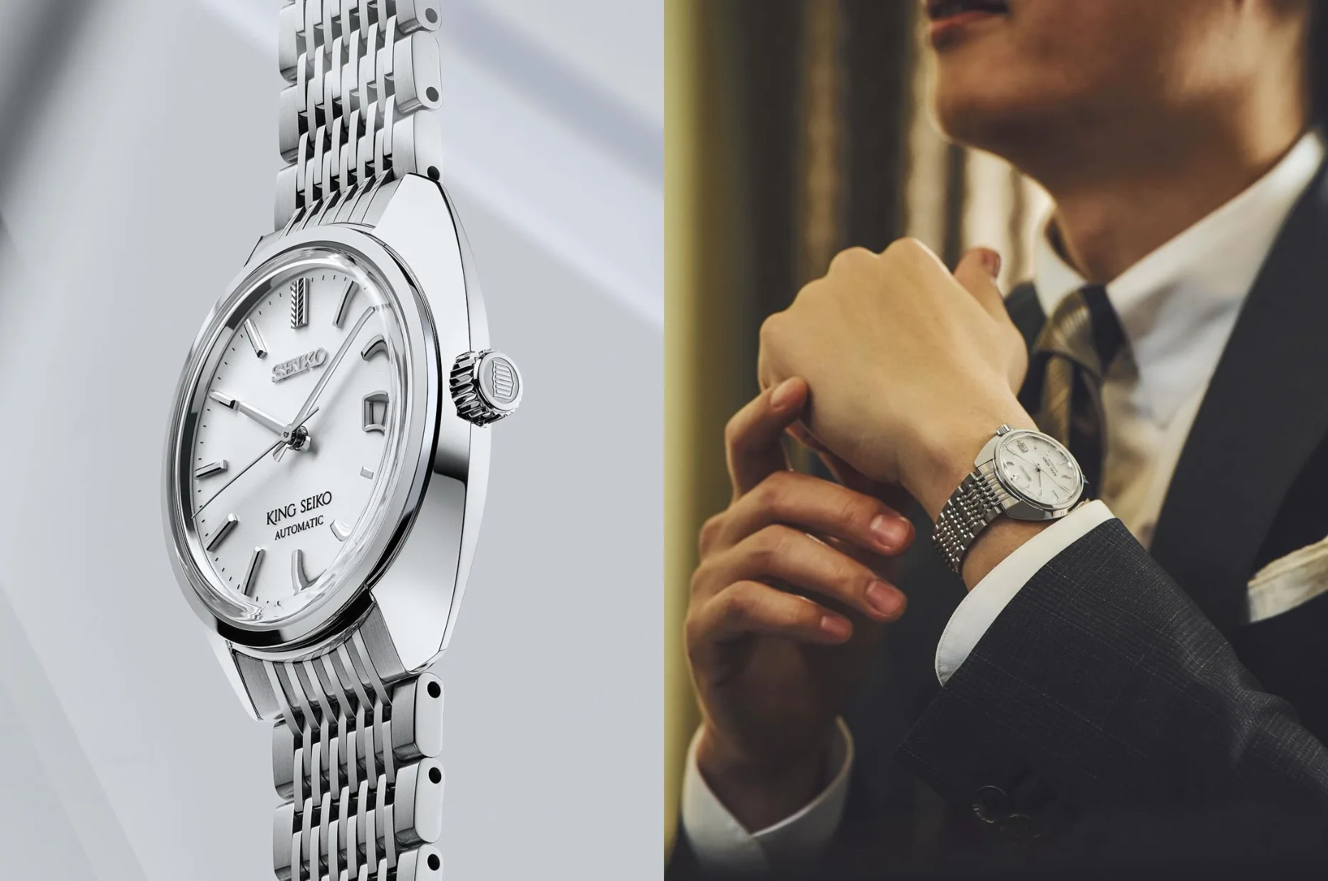 Smukły zegarek King Seiko KS1969 ze srebrną tarczą i wielorzędową bransoletą noszony do garnituru