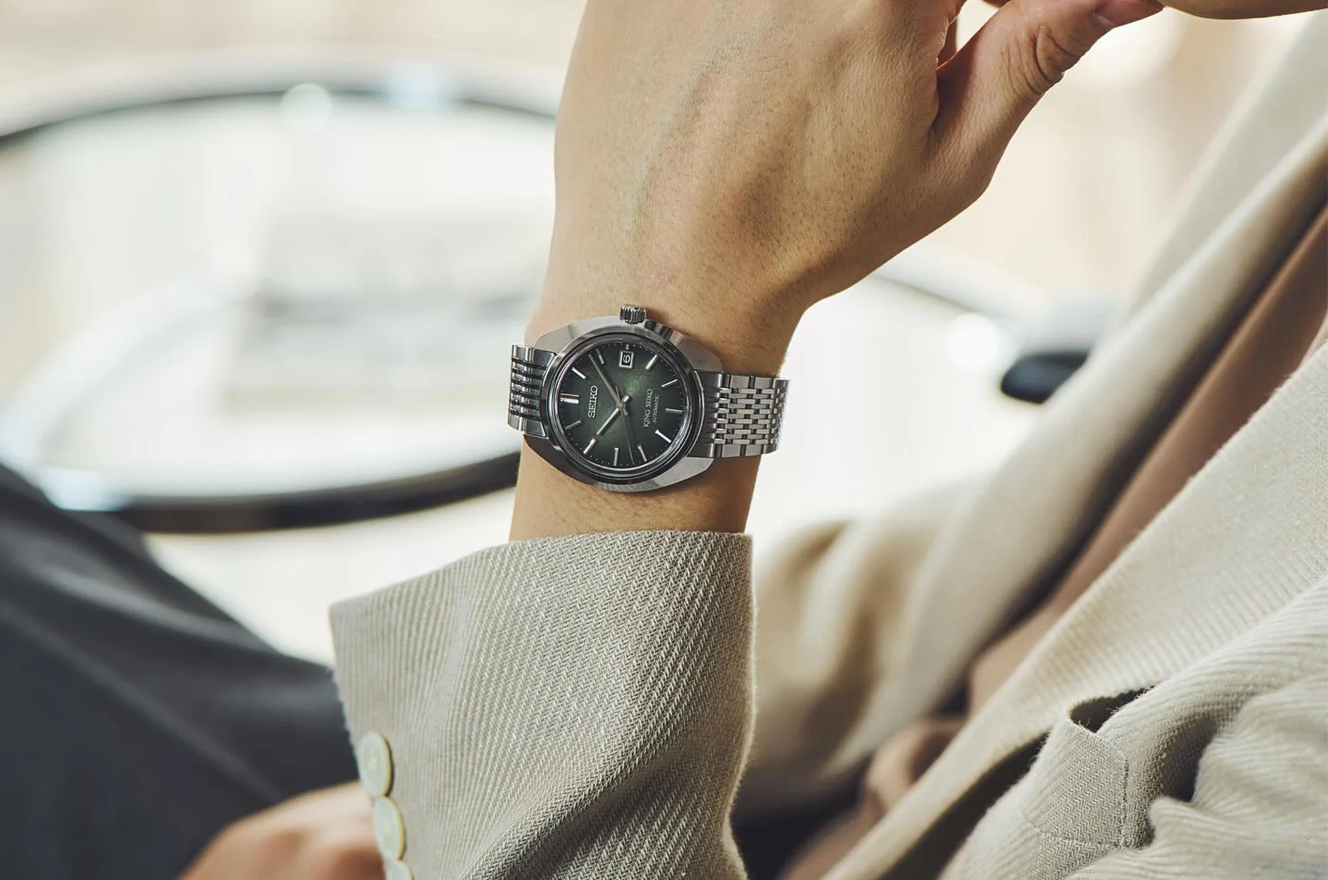 Japoński zegarek automatyczny z cienką kopertą i zieloną tarczą King Seiko KS1969